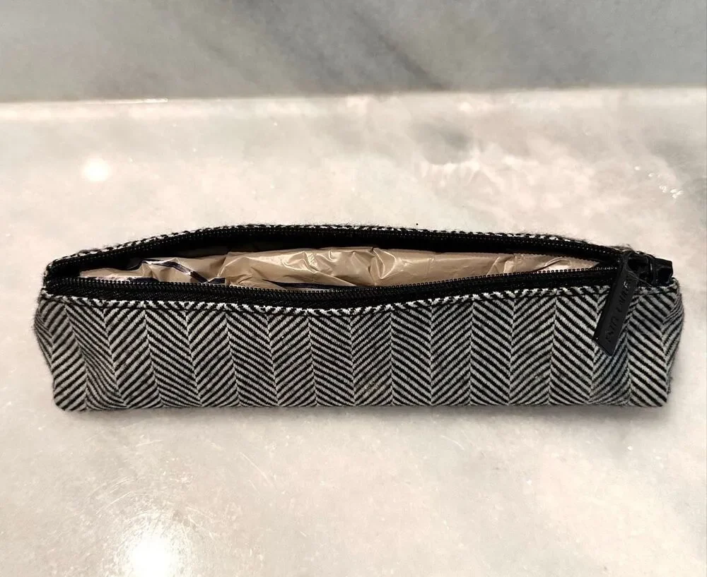 Estee Lauder Herringbone Print Long Makeup Cosmetic or Pencil Pouch Black White